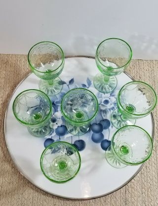 Depression Glass Cameo Ballerina Green RARE Set of 7 Cordial Wine Goblets 6