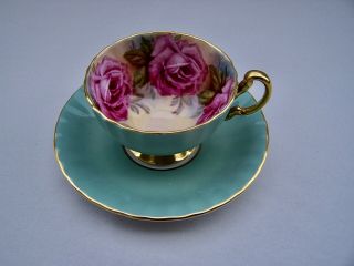 Aynsley C1031 Pink Cabbage Roses & Celadon Bone China Tea Cup & Saucer