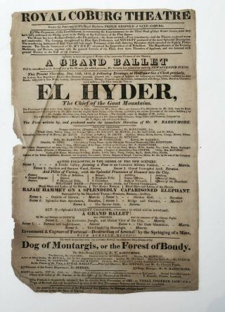 1818 Theater Play Broadside Poster Royal Coburg El Hyder A Grand Ballet Dog More