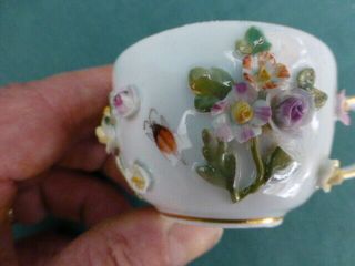 Antique Meissen Crossed Swords Hand Painted Applied Flowers & Bugs Cup & Saucer 11