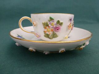 Antique Meissen Crossed Swords Hand Painted Applied Flowers & Bugs Cup & Saucer
