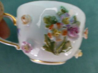 Antique Meissen Crossed Swords Hand Painted Applied Flowers & Bugs Cup & Saucer 9