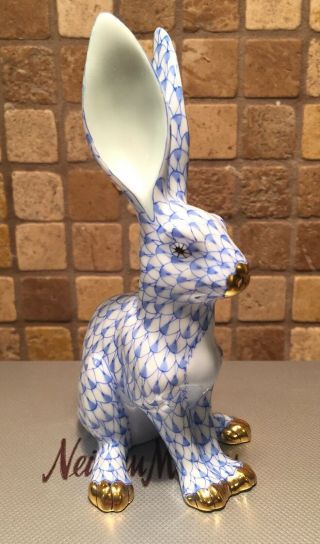 HEREND Jack Rabbit Blue Bunny Fishnet Figurine W/ Jay Strongwater Frame 2