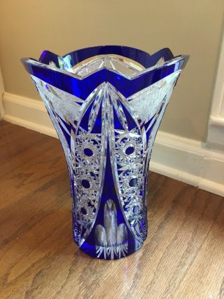 Cobalt Blue Cut To Clear Crystal Vase - Rare