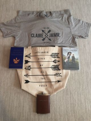 Ultimate Outlander Fan Bundle - Shirt,  Tote Bag,  Flask,  Dvd & Book