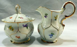 Meissen German Porcelain Scattered Flowers Creamer And Sugar Bowl & Lid Gold