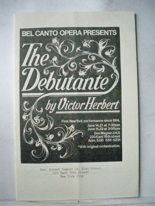 The Debutante Playbill Bel Canto Opera Rare Victor Herbert Revival Nyc 1980