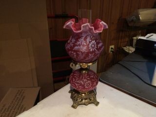 Vintage Fenton Opalescent Cranberry Art Glass Daisy & Fern Lamp L.  G.  Wright