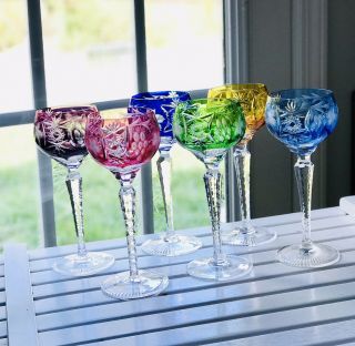 6 Nachtmann Traube Wine Hocks Multi - Color,  Cut To Clear Crystal 8 1/4 "