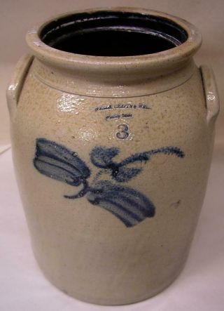 Antique Whately Mass Wells,  Crafts & Wells 3 Gal.  Blue Decorated Stoneware Jar