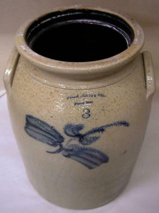 Antique Whately Mass Wells,  Crafts & Wells 3 Gal.  Blue Decorated Stoneware Jar 3