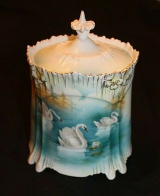 Rs Prussia Footed Cracker Biscuit Jar Icicle Swans Unmarked