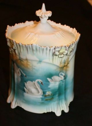 RS Prussia Footed Cracker Biscuit Jar Icicle Swans Unmarked 2