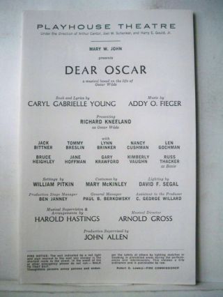 Dear Oscar Playbill Richard Kneeland / Russ Thacker/ Kimberly Vaughn Flop 1972