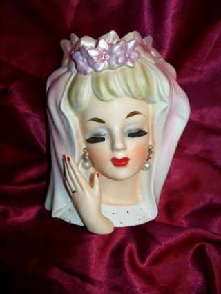 Vintage Bride Lady Head Vase Pink Doll Wreath Mark Headvase