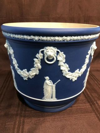 Antique Wedgwood Cobalt Blue Jasperware Cache Pot Planter Jardiniere 3