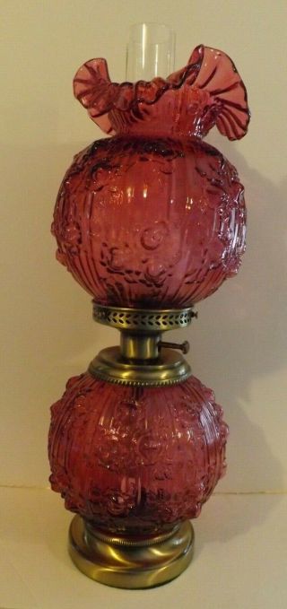 Fenton Art Glass Cranberry Cabbage Rose Gone With The Wind Electric Lamp 23 "