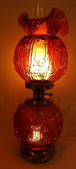 Fenton Art Glass Cranberry Cabbage Rose Gone With The Wind Electric Lamp 23 