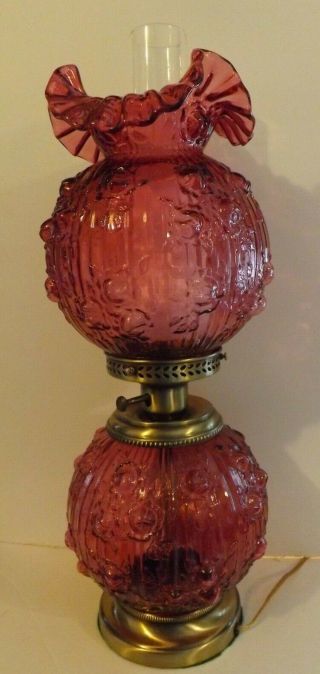 Fenton Art Glass Cranberry Cabbage Rose Gone With The Wind Electric Lamp 23 