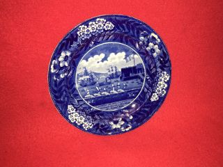 Historical Staffordshire Dark Blue 8 3/4 " Plate Landing Of Lafayette Ca.  1825