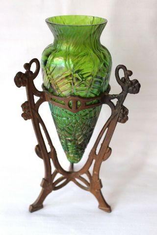 Antique Art Nouveau Loetz Kralik Vase Metal Mounts C 1900