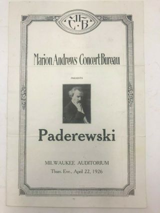 Marion Andrews Concert Bureau Milwaukee Wisconsin Program Paderewski 1926