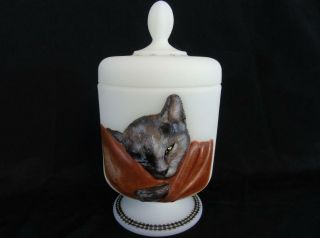 Fenton Art Glass Satin White Chessie Cat Jar Box Hp By Cc Hardman Ooak Gorgeous
