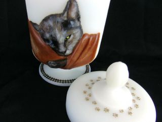 FENTON ART GLASS SATIN WHITE CHESSIE CAT JAR BOX HP by CC HARDMAN OOAK GORGEOUS 5