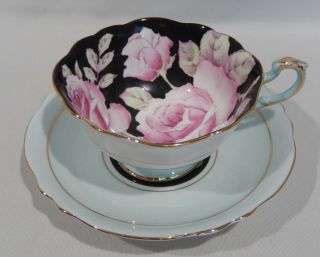 Paragon Hand Painted Pink Roses Cup & Saucer On Black Background C1938 - 1952