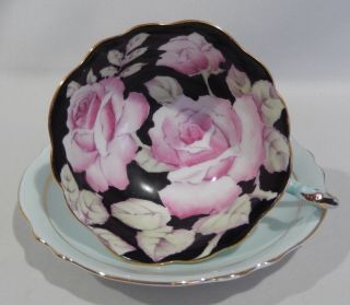PARAGON Hand Painted PINK ROSES CUP & SAUCER on BLACK BACKGROUND c1938 - 1952 2