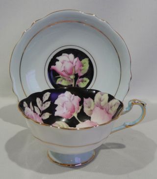 PARAGON Hand Painted PINK ROSES CUP & SAUCER on BLACK BACKGROUND c1938 - 1952 3