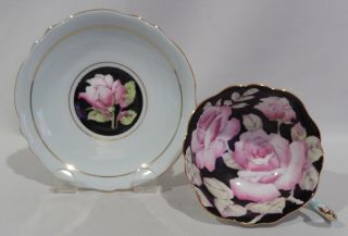 PARAGON Hand Painted PINK ROSES CUP & SAUCER on BLACK BACKGROUND c1938 - 1952 4