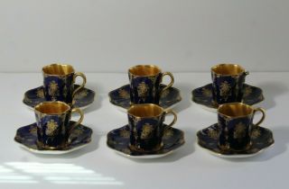 6 Antique Late 19thc Coalport Cobalt Blue & Gold Gilt Demitasse Cups & Saucers