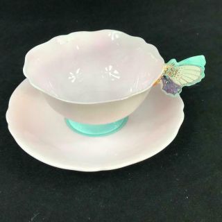 1940s Highly Sought Paragon England Butterfly Handle Pink Cup And Saucer