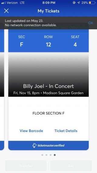 One Floor (sect F) Ticket For Billy Joel,  Friday 11/15 Nyc