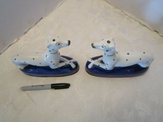 Staffordshire Porcelain Dalmatian Dogs Set 2 Figurines Cobalt Blue Base 7 " W