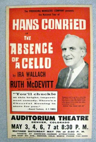 Theater Poster Window Card The Absence Of A Cello Hans Conried Denver Aud.  Theat