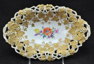 Antique Meissen Reticulated Encrusted Gold 13 Inch Oval Center Bowl 20th Century