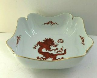 Large Red Dragon Meissen Deep Square Serving Bowl W/gold Detailing