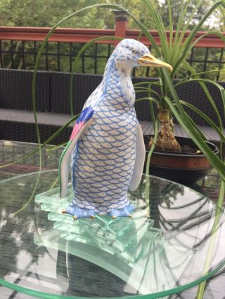 Herend Large Pinguin Figurine 6.  5” Blue Fishnet - Flawless