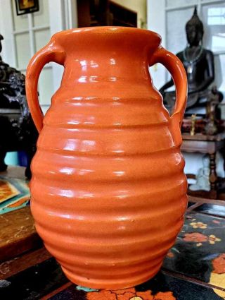 Bauer Pottery Matt Carlton Hand Thrown Twist Handle Ringed Vase 8 " Orange