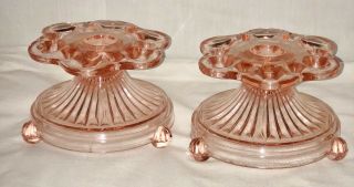 Anchor Hocking Open Lace Edge/old Colony Pink Candlesticks Pair Set 1
