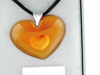$375 Lalique Amber Xxl Tender Dual Heart Crystal Pendant Necklace Mib 10100200