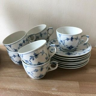Set Of 7 Lovely Royal Copenhagen Blue Fluted Plain Cups & Saucers