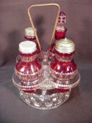 Vintage Eapg Kings Crown Castor Set Ruby Stained Flashed