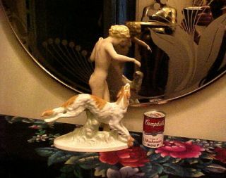 Large Art Deco Czech Royal Dux Nude Lady W Borzoi Dog Porcelain Statue