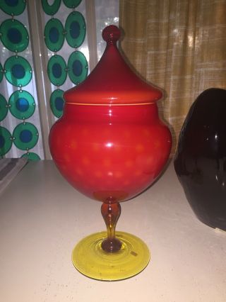 Vintage Mid Century Empoli Red Glass Apothecary Candy Jar With Lid Large Italy