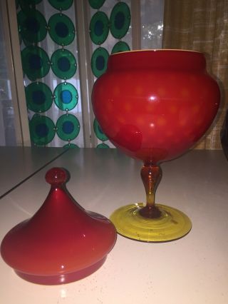 Vintage Mid Century Empoli RED Glass Apothecary Candy Jar With Lid LARGE Italy 2