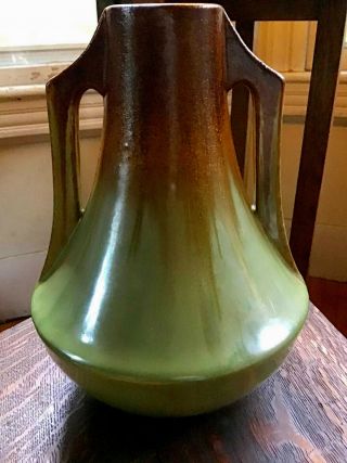 Fulper Pear Shaped Vase W Buttressed Two Handles Copperdust Crystalline Green