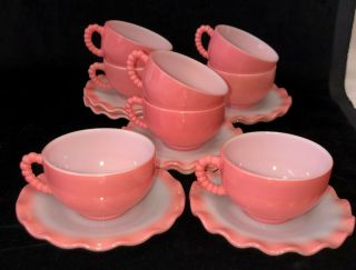 8 Hazel Atlas Ripple /crinoline Pink Cups & Saucers Beaded Handles